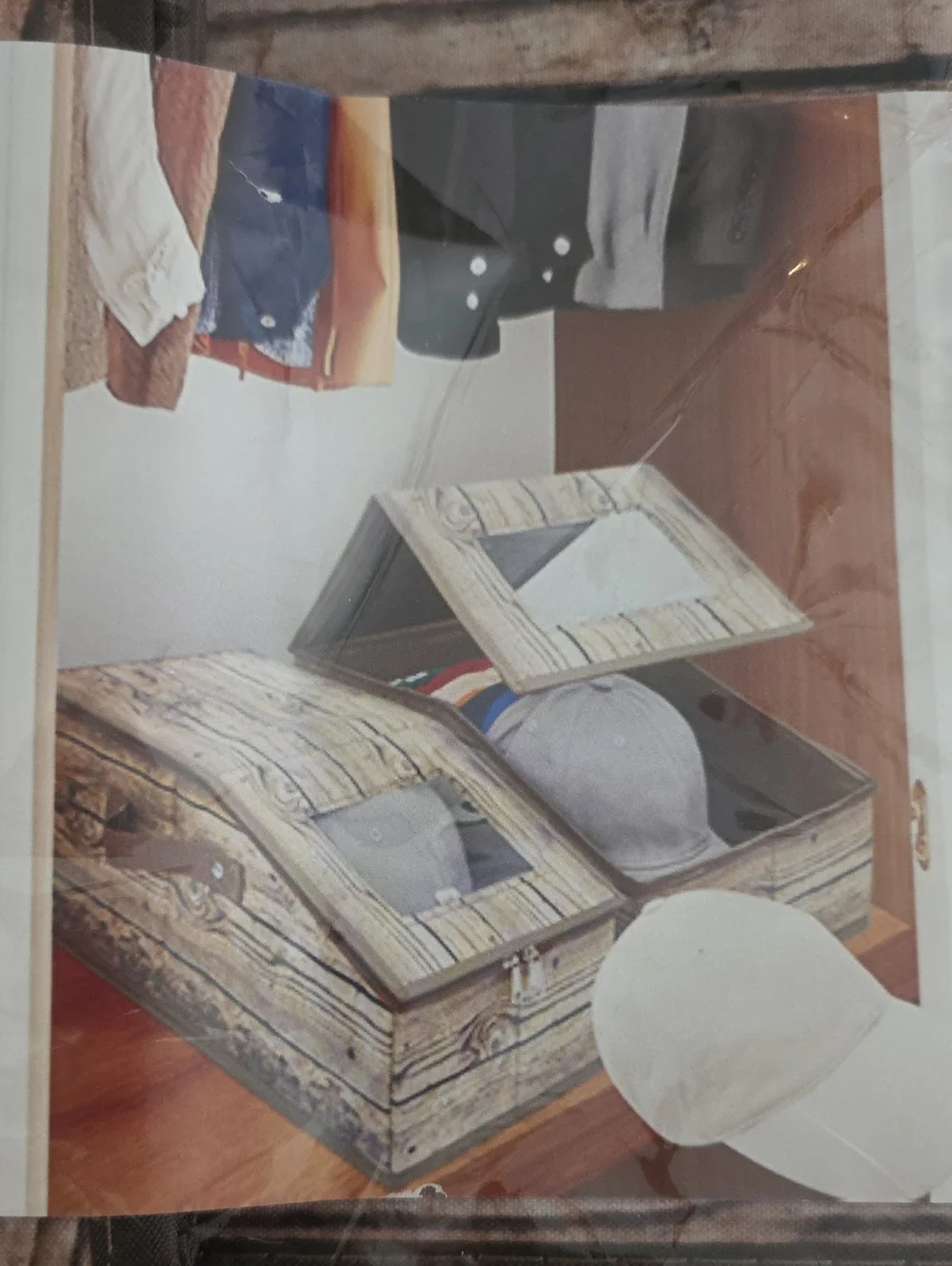 Wood-Pattern Hat Storage Organizer with Clear Lid - Brown